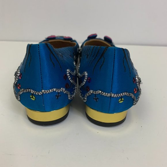 Charlotte Olympia Crouching Tiger Satin Loafer Women's Size 38  Blue - Picture 3 of 9